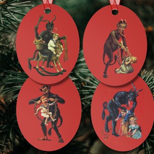 May include: Four red round ornaments with a white border. Each ornament features a different illustration of a devil figure with a child. The first ornament shows a devil on a rocking horse with a child riding it. The second ornament shows a devil holding a chain with a child tied to it. The third ornament shows a devil holding a child in its arms. The fourth ornament shows a devil holding a child by the arm.