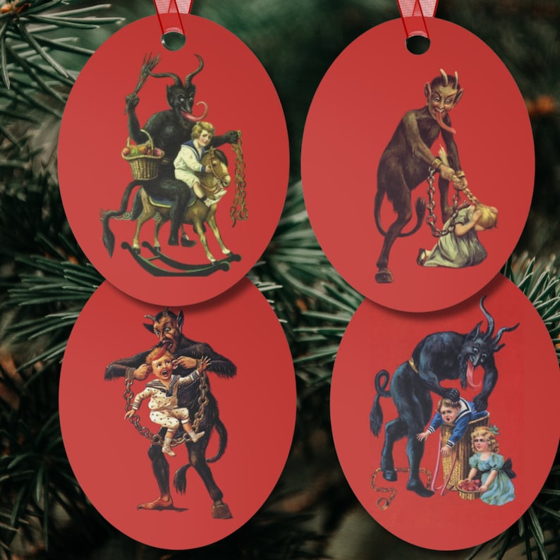 May include: Four red round ornaments with a white border. Each ornament features a different illustration of a devil figure with a child. The first ornament shows a devil on a rocking horse with a child riding it. The second ornament shows a devil holding a chain with a child tied to it. The third ornament shows a devil holding a child in its arms. The fourth ornament shows a devil holding a child by the arm.