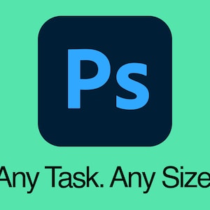 May include: The Adobe Photoshop logo, a blue "Ps" in a dark blue square, with the tagline "Any Task. Any Size."