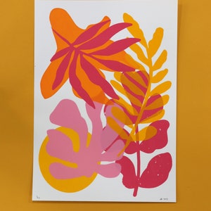 Abstract Botanical Print – Colourful Hand Screen Printed Art – Pink, Orange, & Yellow Wall Decor – Limited Edition Tropical Leaf Print