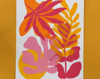 Impresión botánica abstracta – Arte colorido serigrafiado a mano – Decoración de pared en rosa, naranja y amarillo – Impresión de hojas tropicales de edición limitada