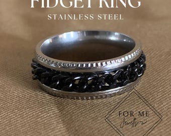 Stainless Steel Fidget Spinner Ring | Black Chain, Anxiety Relief