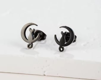 Black Cat Moon Stud Earrings | Stainless Steel Hypoallergenic Jewelry