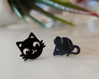 Black Cat and Mouse Stud Earrings | Stainless Steel Hypoallergenic Jewelry