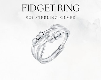 Adjustable 925 Sterling Silver Fidget Ring | Spinner Bead Anti-Anxiety ADHD Stress Relief Therapy Jewelry | Silver Gold Plated Elegant Gift