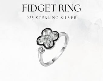 Sterling Silver Four Leaf Clover Fidget Ring | Anxiety Relief Spinner, Adjustable