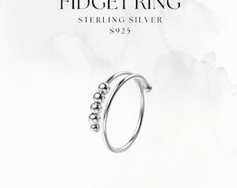 Adjustable Sterling Silver Fidget Ring | Spinning Beads, Stress Relief