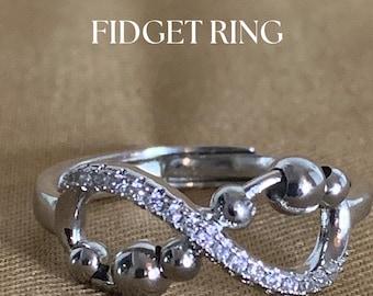 Adjustable Sterling SilverTwisted Fidget Ring with Cubic Zirconia & Bead | Spinner S925 Sterling Silver Anxiety Relief Jewelry Gift for Her