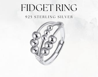 Adjustable 925 Sterling Silver Fidget Ring | Anti-Anxiety Bead Spinner Ring | Unisex Stress Relief Jewelry Ring | Gift for Him Her Proposal