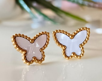 Minimalist Butterfly Beaded Stud Earrings | White Pearl Effect Stainless Steel Gift for Her | Bridesmaid Wedding Boho Fashion Jewelry