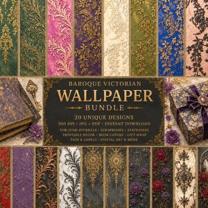 Könnte beinhalten: Ein digitales Download-Bundle mit 20 einzigartigen Barock-viktorianischen Tapetendesigns. Das Bild zeigt verschiedene Farben und Muster, darunter florale und verzierte Rankenmuster. Eine dekorative Geschenkbox, ein Vintage-Buch und der Text "BAROQUE VICTORIAN WALLPAPER BUNDLE" sind ebenfalls enthalten.