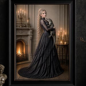 Könnte beinhalten: Ein gerahmtes Porträt zeigt eine Frau in einem schwarzen Kleid, die einen kleinen Alligator hält. Die Szene spielt in einem Raum mit Kamin, Kerzen und antiker Einrichtung. Das Kunstwerk hat ein gotisches und mysteriöses Thema.