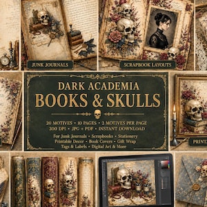 Könnte beinhalten: Digitale Kunstsammlung im Dark Academia-Stil mit Totenköpfen, Büchern und floralen Elementen. Enthält digitale Papiere, Junk Journals, Scrapbook-Layouts, Geschenkverpackungen, Schreibwaren, druckbare Wandkunst, Tags, Buchcover, digitale Kunsthintergründe und Karten.