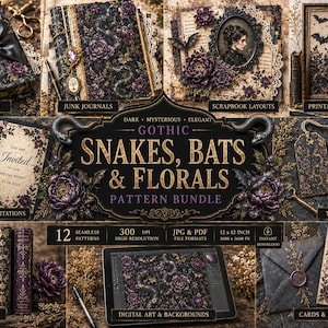 Könnte beinhalten: Eine Sammlung von Gothic-Themen-Elementen für digitale Kunst, darunter Junk-Journals, Scrapbook-Layouts und druckbare Wandkunst. Die Designs zeigen Schlangen, Fledermäuse und florale Muster in dunklen, geheimnisvollen und eleganten Stilen. Enthält Schreibwaren, Tags, Buchcover und digitale Hintergründe.