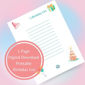 Geburtstagsliste, Party Planer, Geburtstagsparty, Geschenkliste, Wunschliste, Geburtstags-Wunschzettel