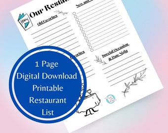 Restaurant Wish list, Restaurant Tracker, Out to Eat, Planner, Dinner, Date Night, Family Planner, Bucket List, Dining Out