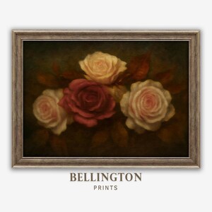 Vintage Rose Oil Painting Print, Classical Floral Wall Art, Dark Academia Moody Decor, Romantic Rose Art, Gothic Cottagecore Botanical Decor