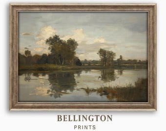 Printable Wall Art, Vintage River Landscape Print, Rustic Countryside Home Decor