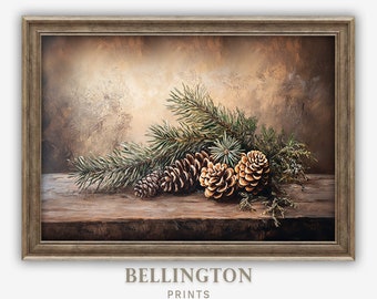 May include: A framed painting of a still life featuring pine branches and pine cones on a wooden surface. The background is a muted brown with a textured look. The painting is signed "BELLINGTON PRINTS" in the bottom centre.