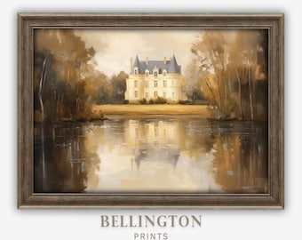 Vintage French Chateau Oil Painting: Countryside Pond Landscape (Digital Art Print