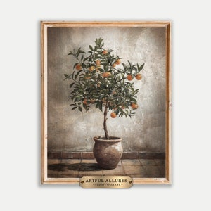 Może przedstawiać: Malowidło przedstawiające małe drzewko pomarańczowe w doniczce z terakoty, umieszczone na tle teksturalnej, jasnoszarej ściany. Drzewko jest obładowane dojrzałymi pomarańczami i emanuje naturalnym, rustykalnym urokiem.
