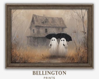 May include: A framed print featuring two white ghost figures under black umbrellas, walking in the rain in front of a weathered house. The artwork has a muted color palette with a vintage aesthetic. The text "BELLINGON PRINTS" is at the bottom.
