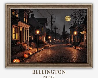 Vintage Halloween Street Scene Art Print: Spooky Jack O'Lanterns (Digital Download)