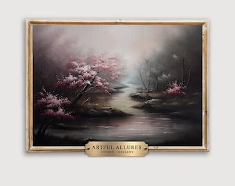 May include: A framed painting of a misty forest scene with a river winding through it. The trees are bare and the water is still. The colors are muted and the overall effect is peaceful and serene. The painting is signed "Artful Allures Studio - Gallery".