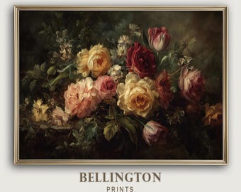 Printable Wall Art, Vintage Dutch Floral Oil Painting Print, Dark Academia Home Decor