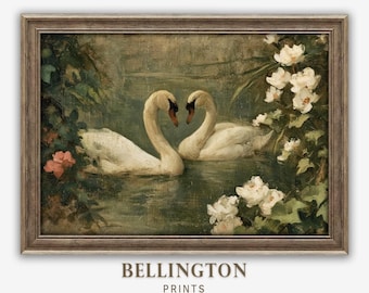Vintage Swan Print: Romantic Cottagecore Floral Oil Painting (Digital Download