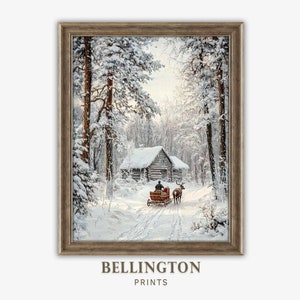 Country Winter Sleigh Ride Wall Art Painting, Christmas Decoration Wall Art, Antique Farmhouse Decor, Animal Art, Instant Download PA123