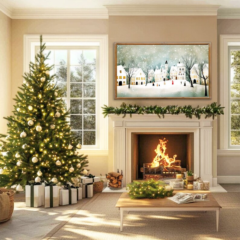 Christmas Village Samsung Frame Tv Art Snowy Scandi Scene Digital