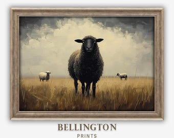 Moody olieverfschilderij zwart schaap: rustieke boerderijmuurkunst (digitale download)