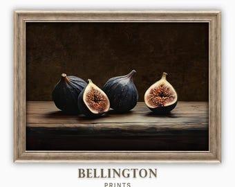 May include: Four ripe figs, two whole and two halved, arranged on a rustic wooden surface. The figs are a deep purple color with a light brown interior. The background is a dark brown.