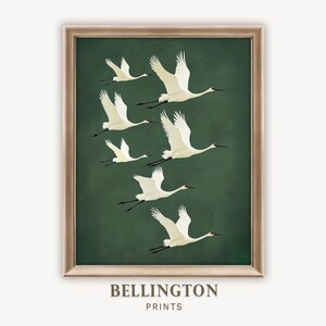 May include: A digital art print featuring a flock of white cranes flying in formation against a deep green background. The cranes are depicted in a stylized, minimalist style, with their wings outstretched and their heads held high.