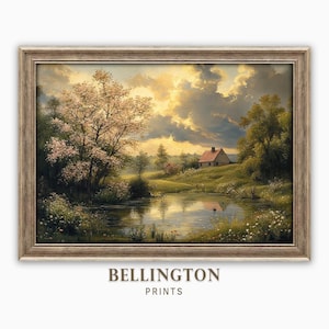 Vintage Cottage Landscape Art, Rustic River Scene Wall Print, Floral Field Artwork, Antique Style Country House Painting, Printable Decor