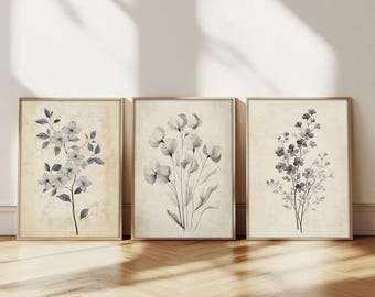 Neutral Botanical Print Set: Beige Floral Wall Art (Digital Download)