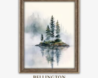 Misty Forest Lake Watercolor Print: Rustic Cabin Wall Art (Printable Digital Download)