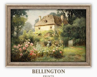 Impresión artística de pintura al óleo de una cabaña con jardín de rosas vintage (descarga digital imprimible)