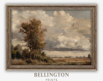 May include: A framed landscape painting depicting a field with a single tree in the foreground. The sky is filled with fluffy white clouds, and the field is a muted brown color.