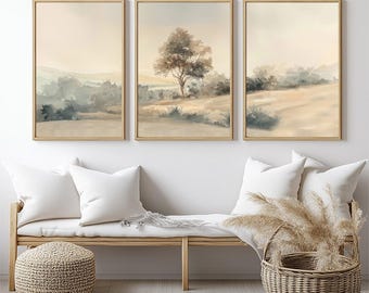Neutral Landscape Painting Set: Minimalist Cottage Wall Art (Digital Download)