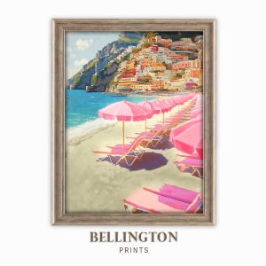 Impresión de arte de pared retro imprimible de la costa italiana de Amalfi, impresión de casa de playa, arte de pared costero, descarga digital de arte de pared mediterráneo, PA191
