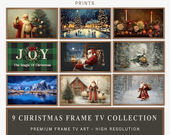 Puede incluir: Nueve impresiones artísticas navideñas enmarcadas. La colección incluye imágenes de Papá Noel, paisajes invernales y decoraciones festivas. El texto en la parte inferior dice "9 CHRISTMAS FRAME TV COLLECTION" y "PREMIUM FRAME TV ART - HIGH RESOLUTION".