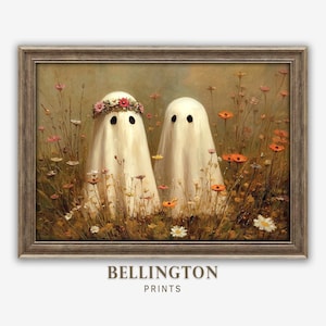 Vintage Cute Ghosts in Wildflower Meadow Print, Spooky Halloween Fall Painting Printable Wall Art, Moody Ghosts Autumn Decor Digital