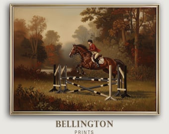 Vintage Horse Jumping Oil Painting Print, Equestrian Art (Digital Download)
