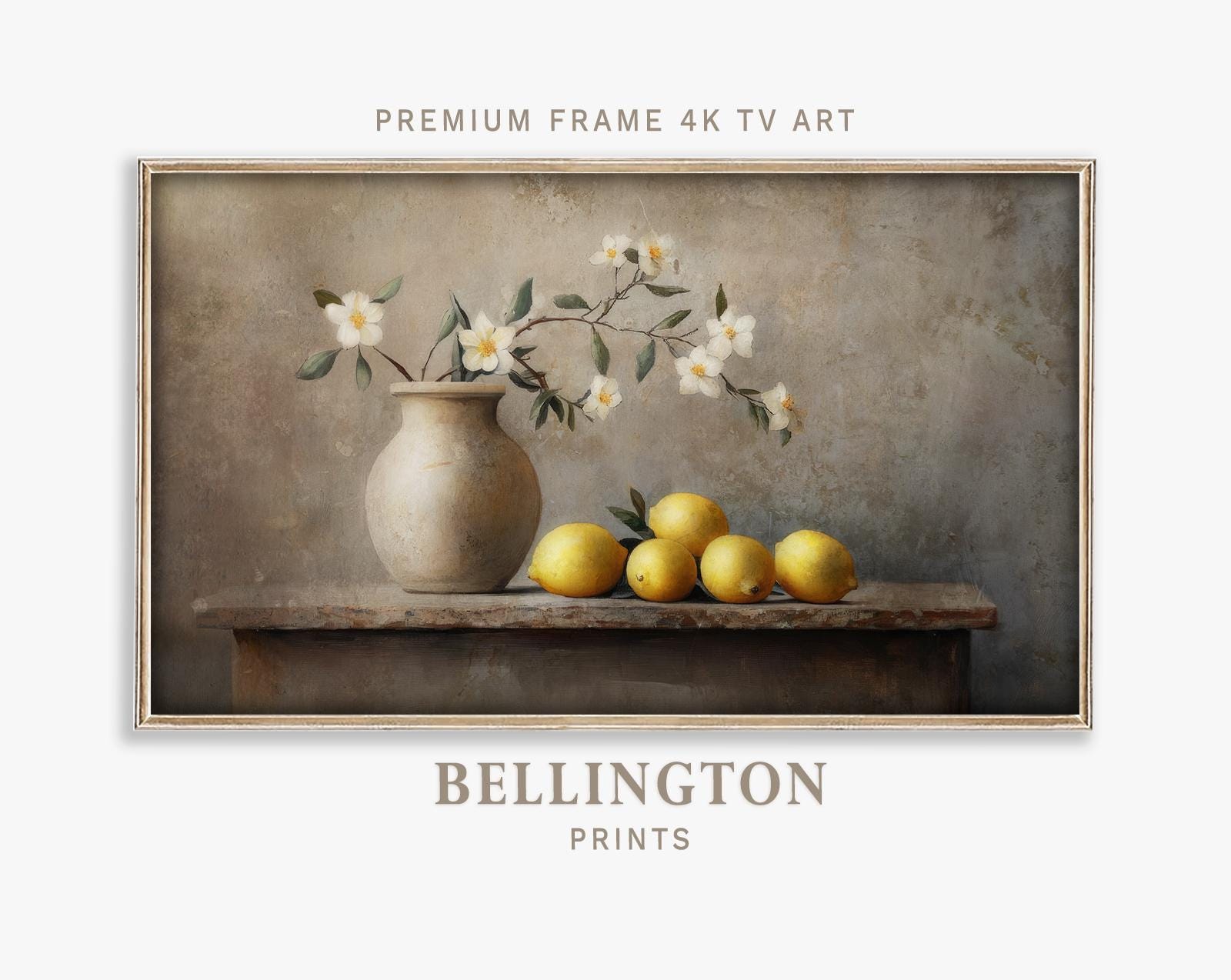 ヴィンテージレモンの静物画：素朴な花瓶の絵画（デジタルダウンロード