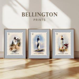 Lighthouse Stamp Art Prints (Set of 3) - Coastal Nautical Decor (Digital Download Printable)