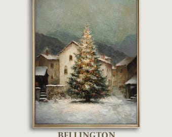 Vintage Christmas Village Oil Painting Print, Snowy Town Scene (Digital Download)