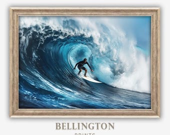 May include: A surfer rides a large wave, the water is a deep blue and the wave is breaking into white foam. The surfer is wearing a black wetsuit and is riding a surfboard.