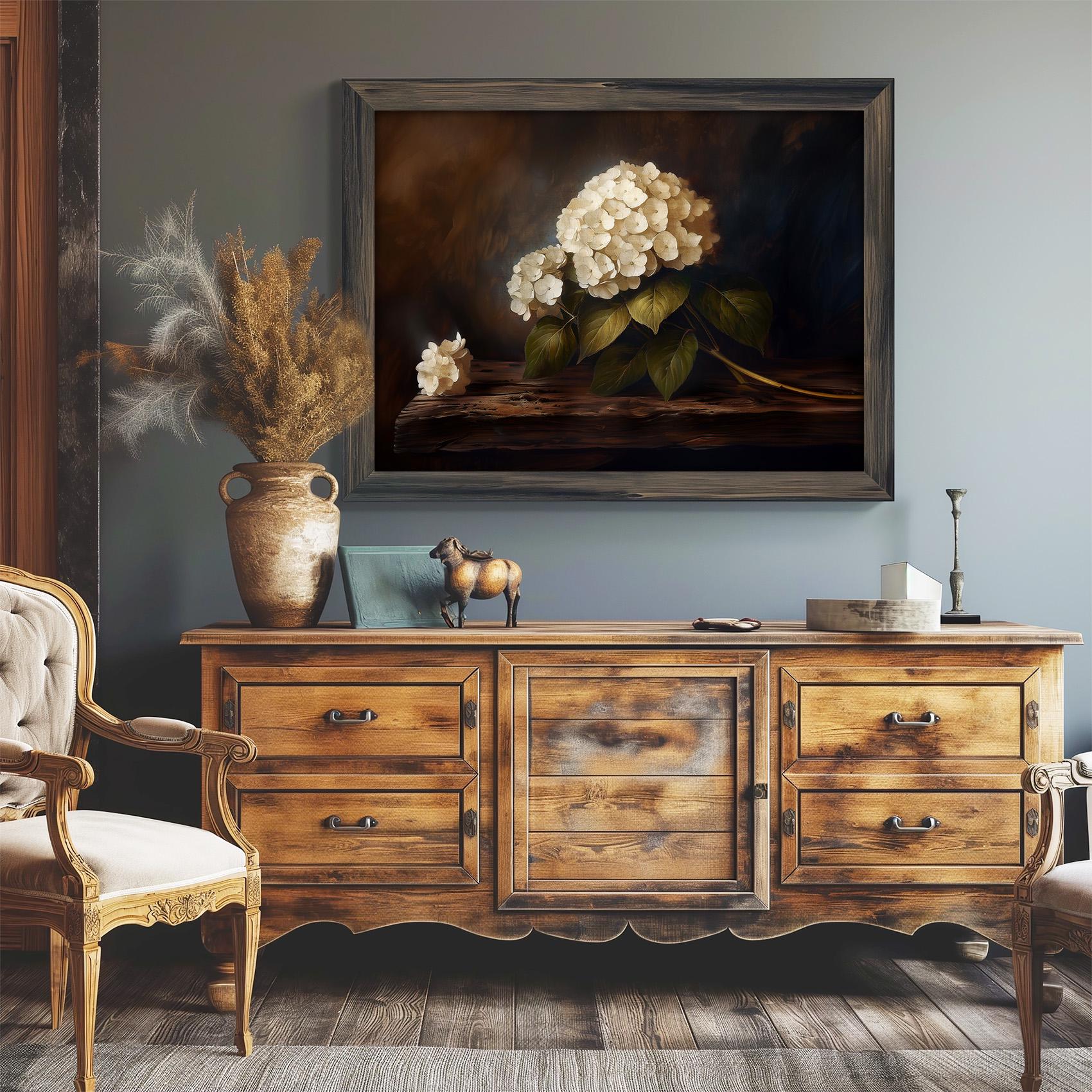 Vintage Hydrangea Oil Painting Print: Rustic Cottagecore Wall Art ...